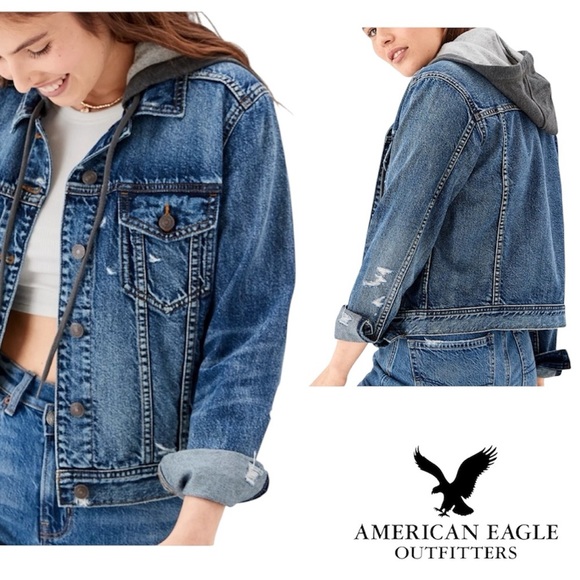 American Eagle Hooded Classic Distressed Denim Jean Jacket Built In Gray Hood - Picture 16 of 16